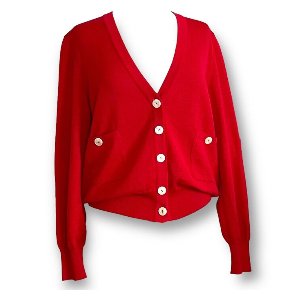 Valentino Womens Red Cardigan Sz M Vintage 80s Luxury Wool Knit Blouson Sweater - Picture 5 of 9